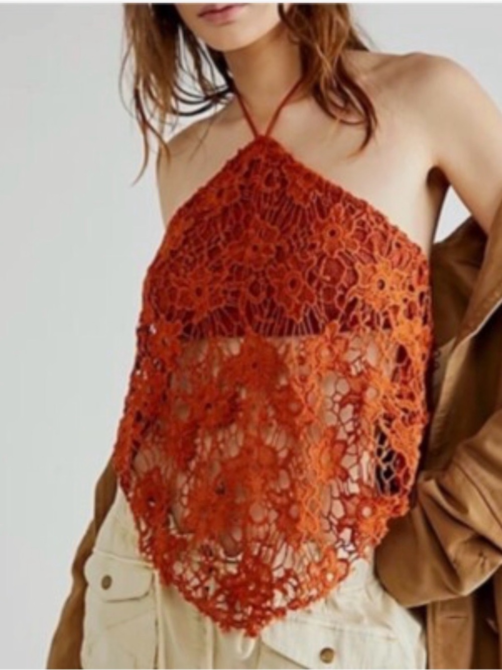 Free People Seychelle Lace Top Crochet Rust Orange Crop Halter